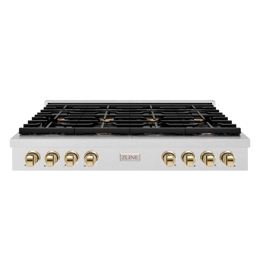 ZLINE Autograph Edition 48 in. Paramount Gas Rangetop with 8 Burners and Porcelain Cooktop in DuraSnow® Stainless Steel with Polished Gold Accents (SRTSZ-48-G)