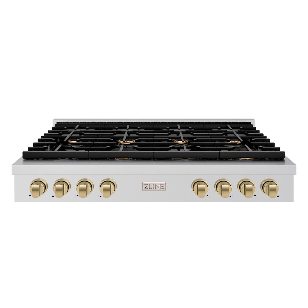 ZLINE Autograph Edition 48 in. Paramount Gas Rangetop with 8 Burners and Porcelain Cooktop in Stainless Steel with Champagne Bronze Accents (SRTZ-48-CB)