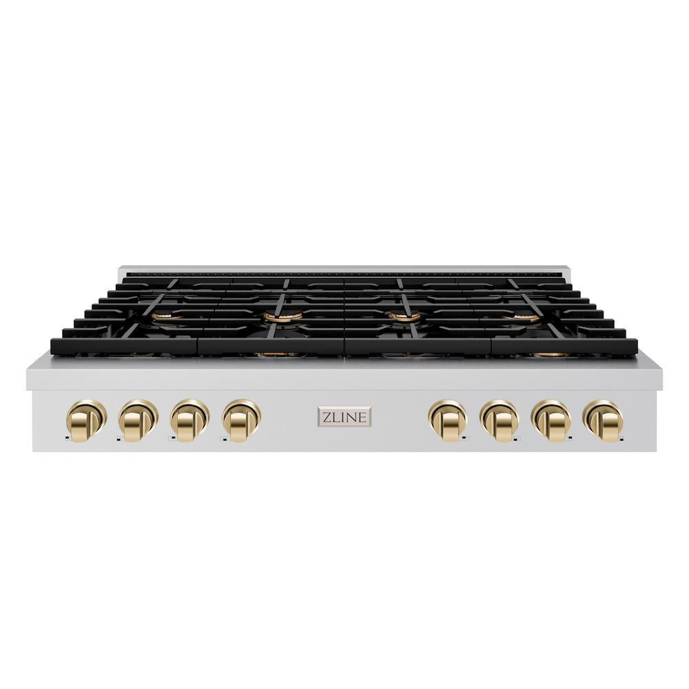 ZLINE Autograph Edition 48 in. Paramount Gas Rangetop with 8 Burners and Porcelain Cooktop in Stainless Steel with Polished Gold Accents (SRTZ-48-G)