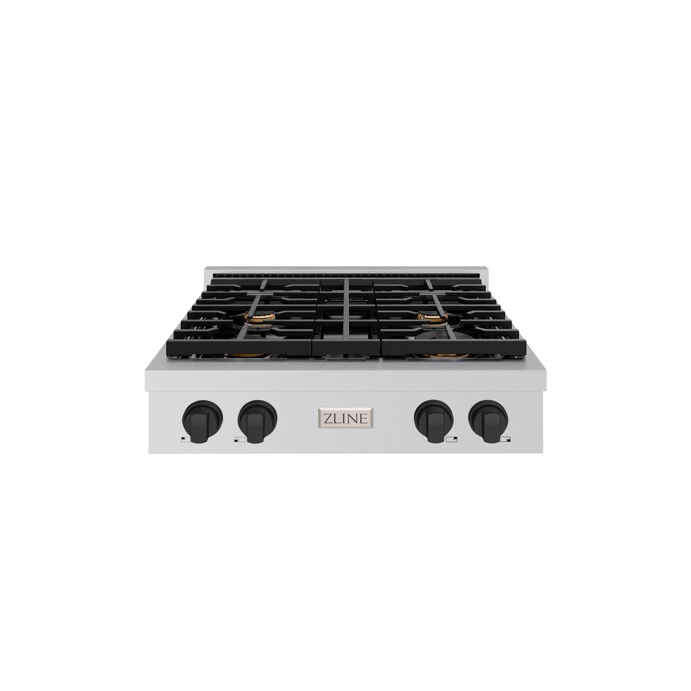 ZLINE Autograph Edition 30 in. Paramount Gas Rangetop with 4 Burners and Porcelain Cooktop in Stainless Steel with Matte Black Accents (SRTZ-30-MB)