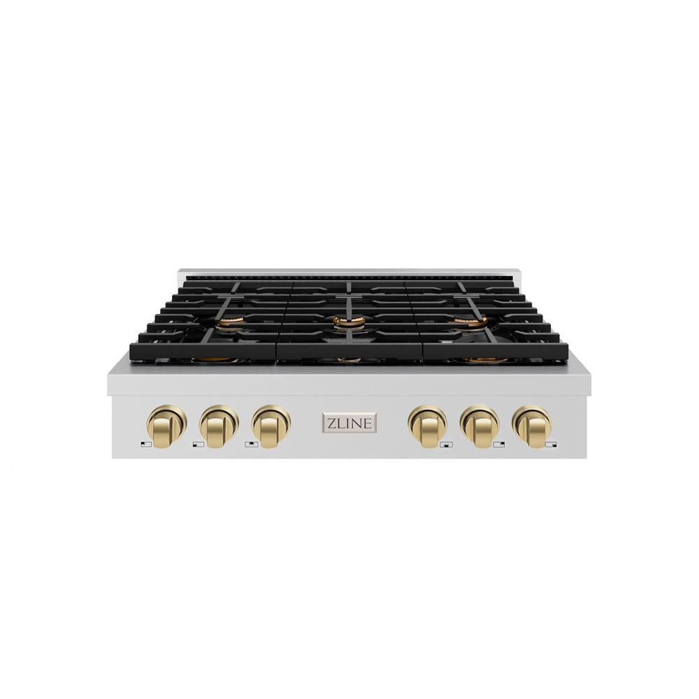 ZLINE Autograph Edition 36 in. Paramount Gas Rangetop with 6 Burners and Porcelain Cooktop in Stainless Steel with Champagne Bronze Accents (SRTZ-36-CB)