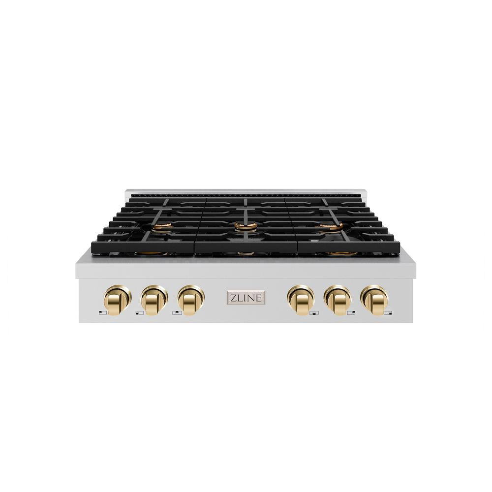 ZLINE Autograph Edition 36 in. Paramount Gas Rangetop with 6 Burners and Porcelain Cooktop in Stainless Steel with Polished Gold Accents (SRTZ-36-G)