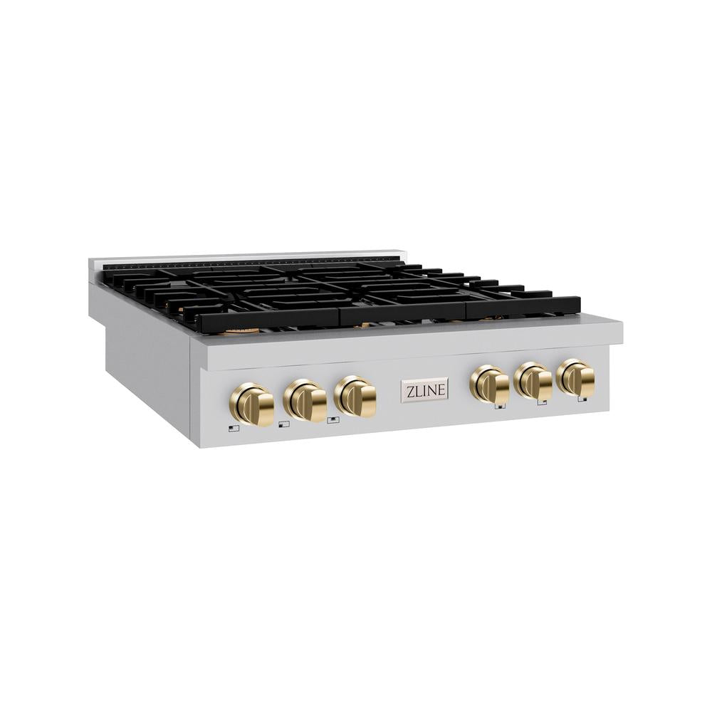 ZLINE Autograph Edition 36 in. Paramount Gas Rangetop with 6 Burners and Porcelain Cooktop in Stainless Steel with Polished Gold Accents (SRTZ-36-G)