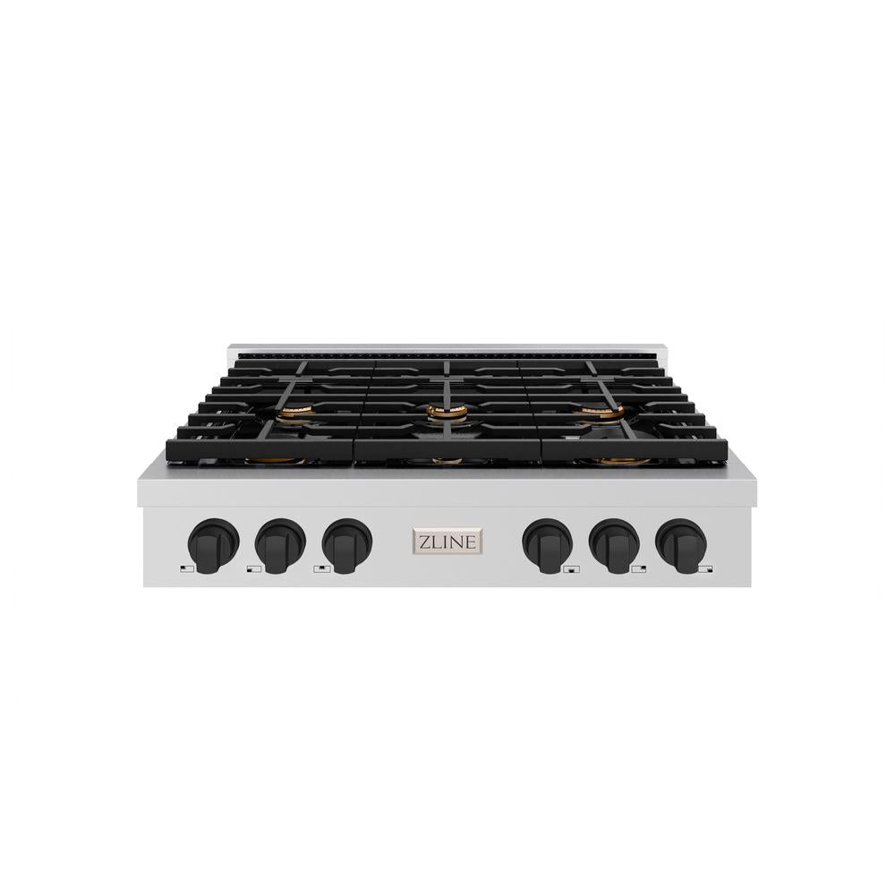 ZLINE Autograph Edition 36 in. Paramount Gas Rangetop with 6 Burners and Porcelain Cooktop in Stainless Steel with Matte Black Accents (SRTZ-36-MB)