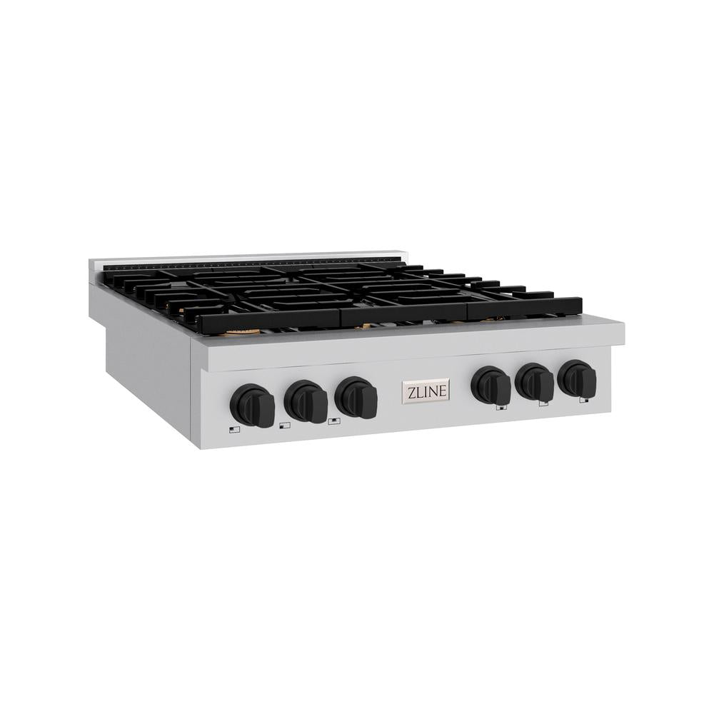 ZLINE Autograph Edition 36 in. Paramount Gas Rangetop with 6 Burners and Porcelain Cooktop in Stainless Steel with Matte Black Accents (SRTZ-36-MB)