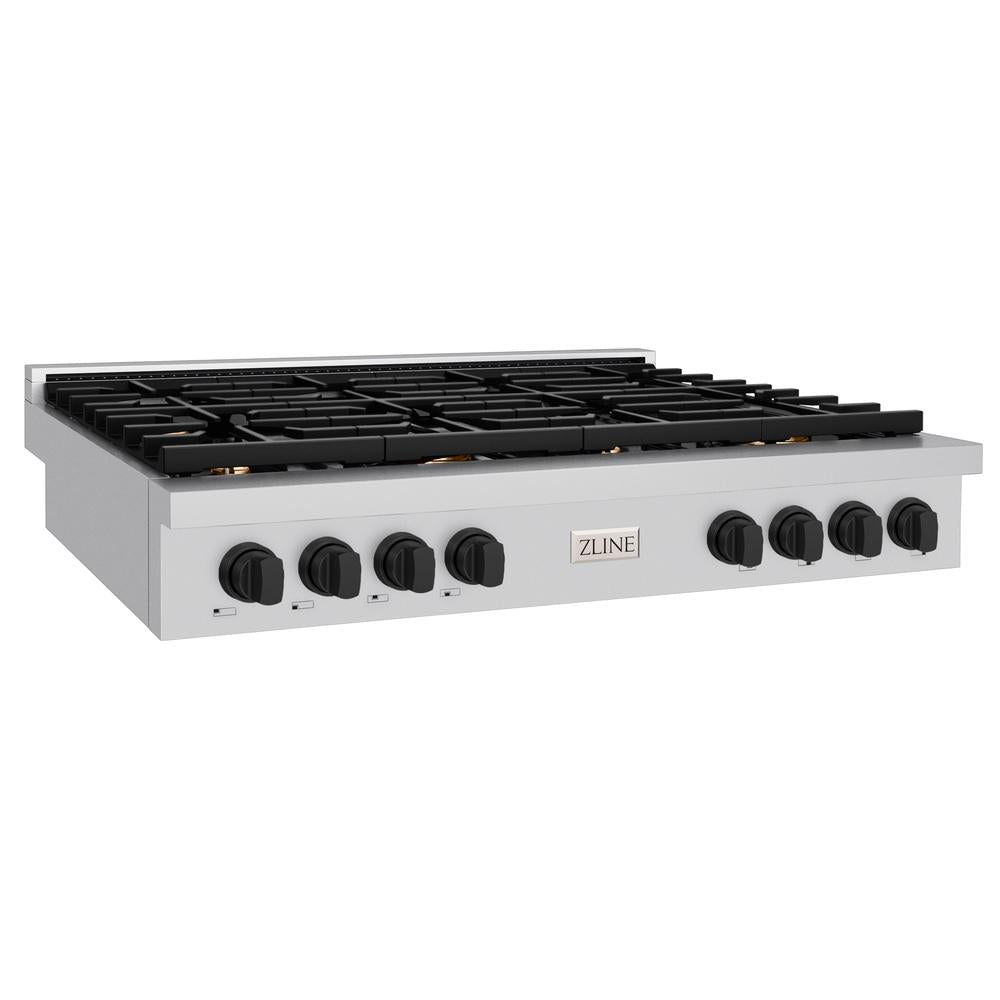 ZLINE Autograph Edition 48 in. Paramount Gas Rangetop with 8 Burners and Porcelain Cooktop in Stainless Steel with Matte Black Accents (SRTZ-48-MB)