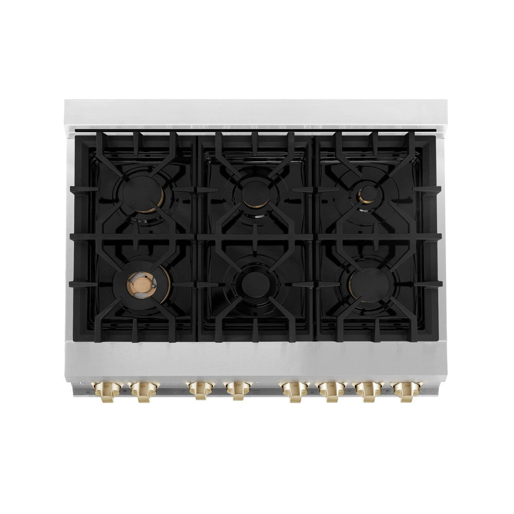 ZLINE Autograph Edition 36 in. Kitchen Package with Stainless Steel Dual Fuel Range, Range Hood, Dishwasher and Refrigerator with Polished Gold Accents (4KAPR-RARHDWM36-G)