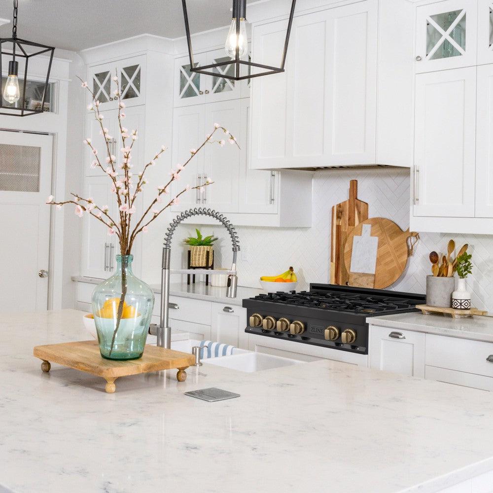 ZLINE Autograph Edition 36 in. Legacy Gas Rangetop with 6 Burners and Porcelain Cooktop in Black Stainless Steel with Champagne Bronze Accents (RTBZ-36-CB)