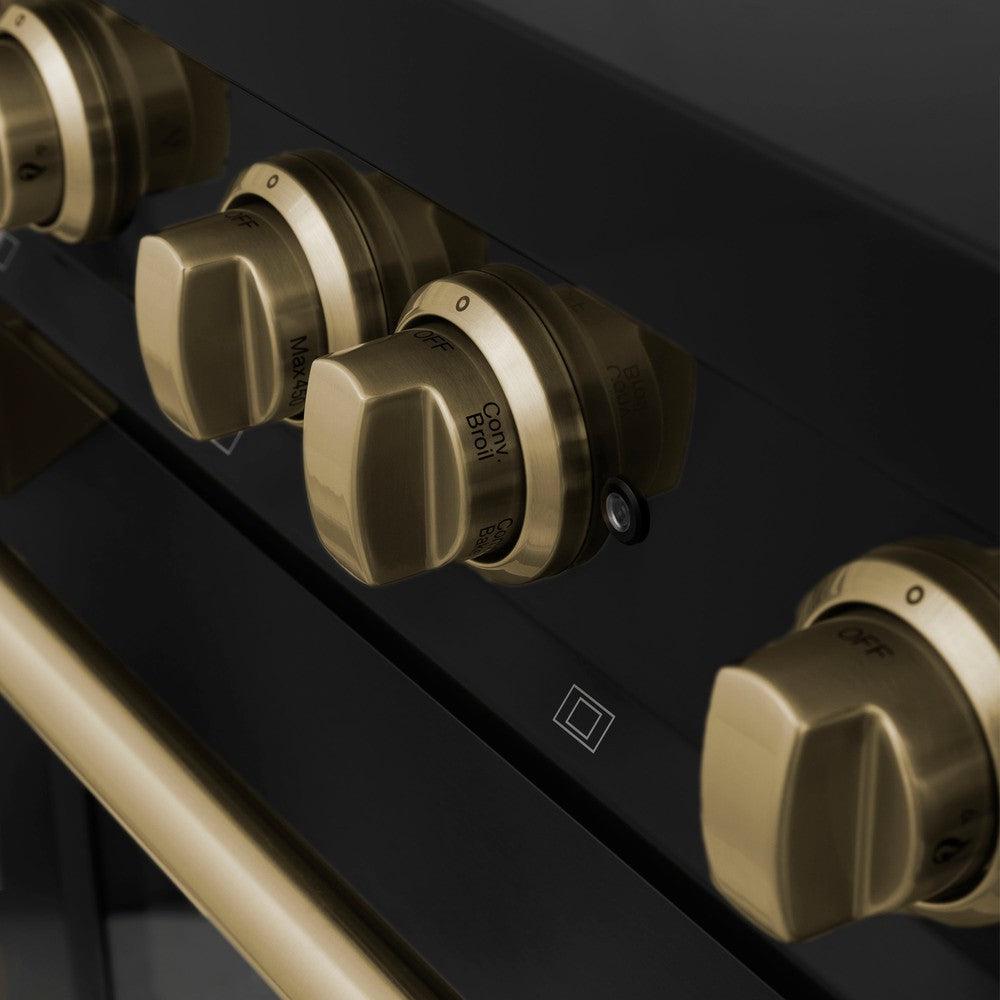 ZLINE Autograph Edition 30 in. 4.0 cu. ft. Legacy Dual Fuel Range with 4 Burner Gas Cooktop and Electric Convection Oven in Black Stainless Steel and Champagne Bronze Accents (RABZ-30-CB)