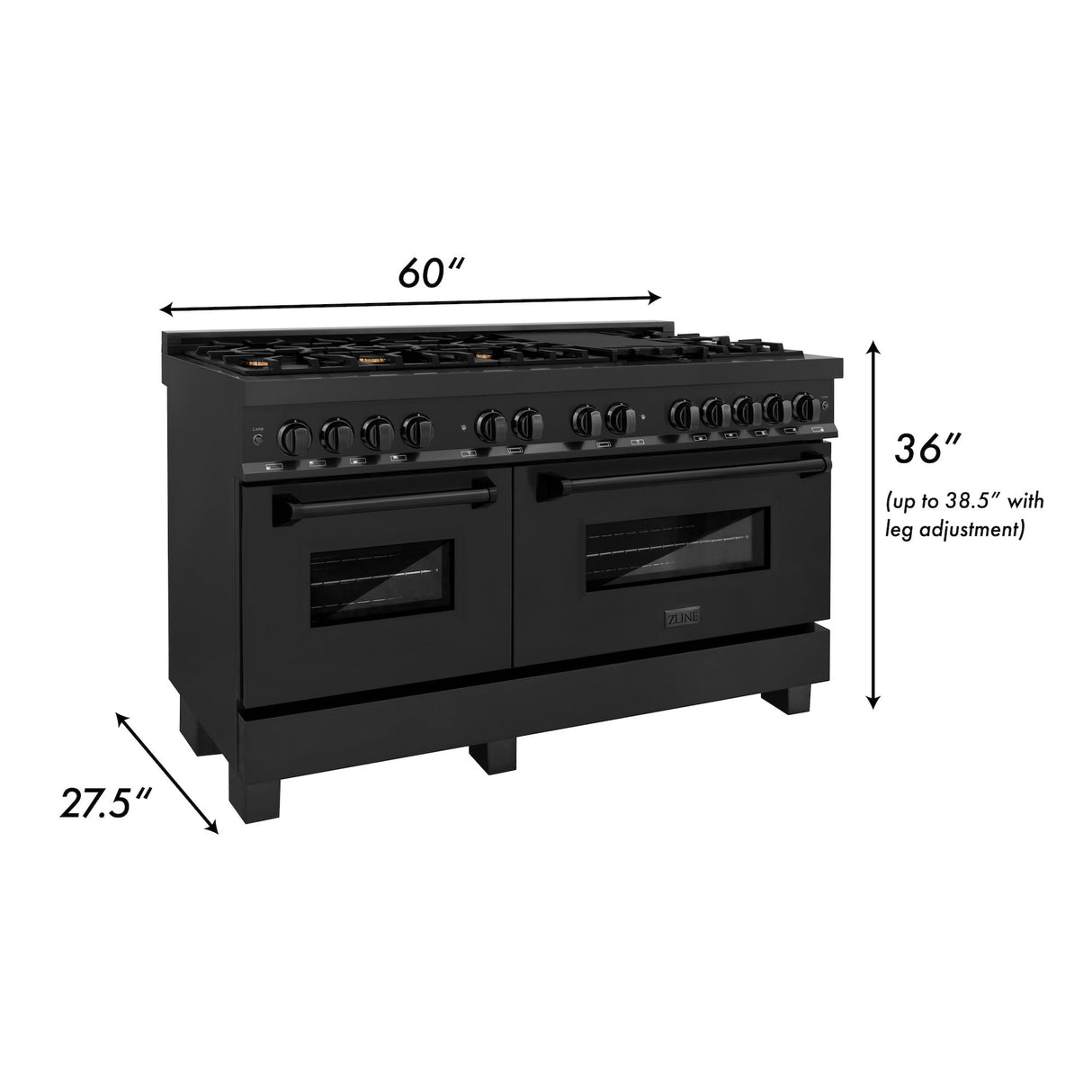 ZLINE 60 in. 7.4 cu. ft. Legacy Dual Fuel Range with 9 Burner Gas Cooktop and 2 Electric Convection Ovens in Black Stainless Steel (RAB-60)
