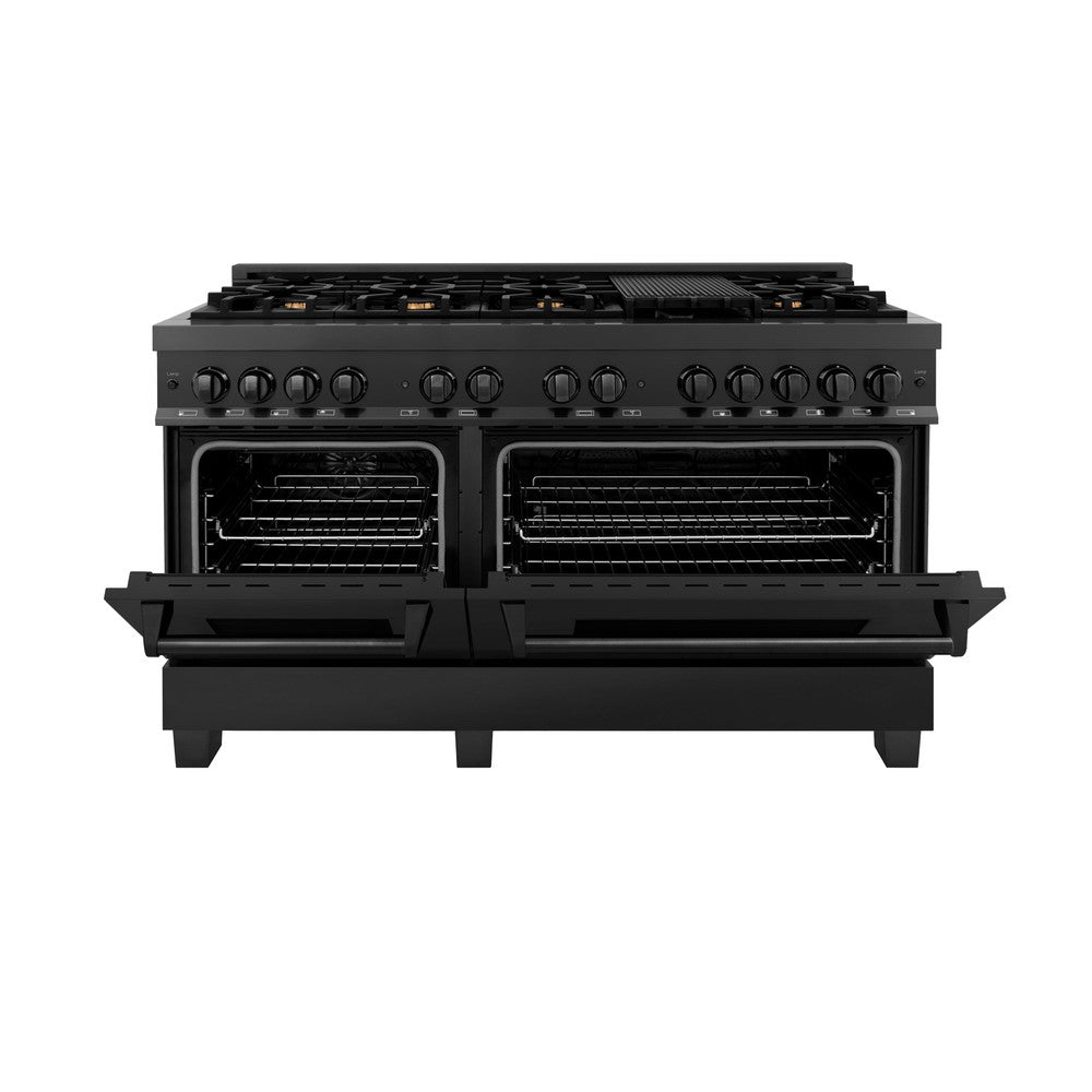 ZLINE 60 in. 7.4 cu. ft. Legacy Dual Fuel Range with 9 Burner Gas Cooktop and 2 Electric Convection Ovens in Black Stainless Steel (RAB-60)