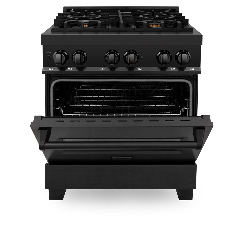 ZLINE Kitchen Package with Black Stainless Steel Refrigerator, 30 in. Dual Fuel Range, 30 in. Range Hood and Microwave Drawer (4KPR-RABRH30-MW)