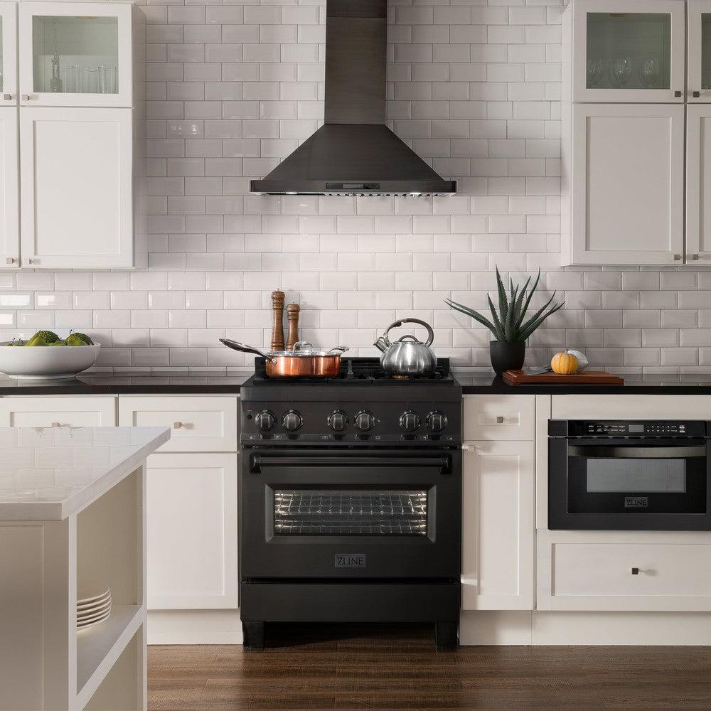 ZLINE 30 in. 4.0 cu. ft. Legacy Dual Fuel Range with Gas Cooktop and Electric Convection Oven in Black Stainless Steel with 4 Brass Burners (RAB-BR-30)