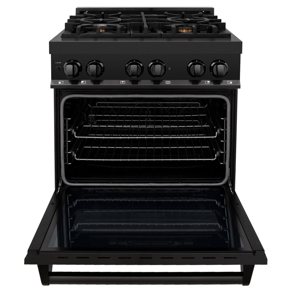 ZLINE Kitchen Package with Black Stainless Steel Refrigerator, 30 in. Dual Fuel Range, 30 in. Range Hood and Microwave Drawer (4KPR-RABRH30-MW)