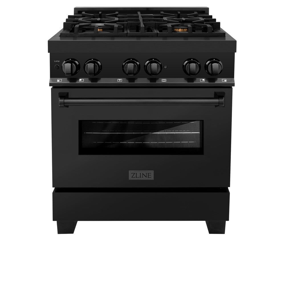 ZLINE Kitchen Package with Black Stainless Steel Refrigerator, 30 in. Dual Fuel Range, 30 in. Range Hood and Microwave Drawer (4KPR-RABRH30-MW)