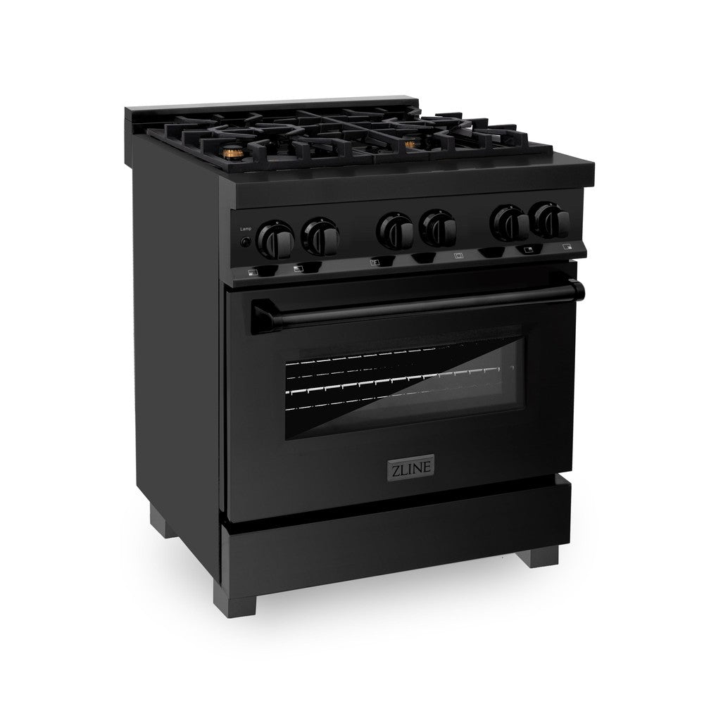 ZLINE Kitchen Package with Black Stainless Steel Refrigerator, 30 in. Dual Fuel Range, 30 in. Range Hood and Microwave Drawer (4KPR-RABRH30-MW)