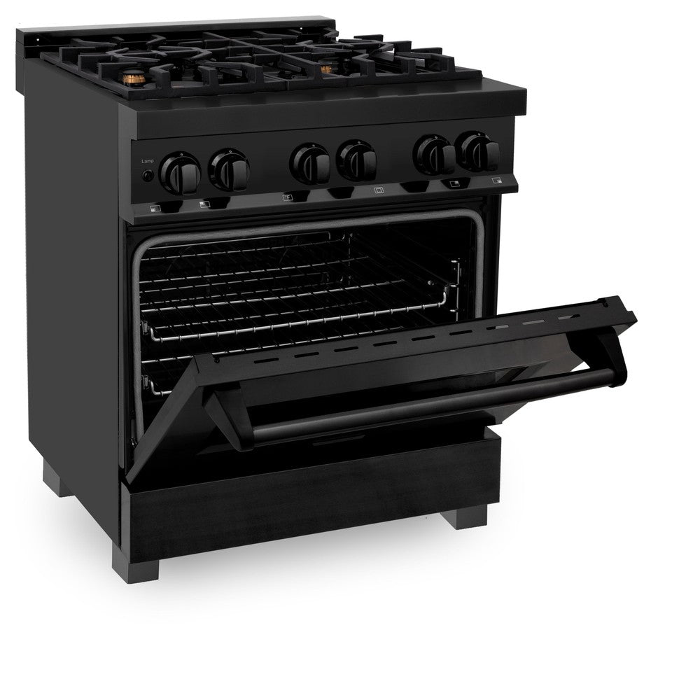 ZLINE Kitchen Package with Black Stainless Steel Refrigerator, 30 in. Dual Fuel Range and 30 in. Traditional Over the Range Microwave (3KPR-RABOTRH30)