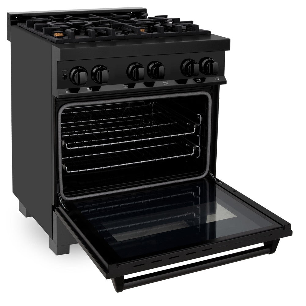 ZLINE Kitchen Package with Black Stainless Steel Refrigerator, 30 in. Dual Fuel Range and 30 in. Traditional Over the Range Microwave (3KPR-RABOTRH30)