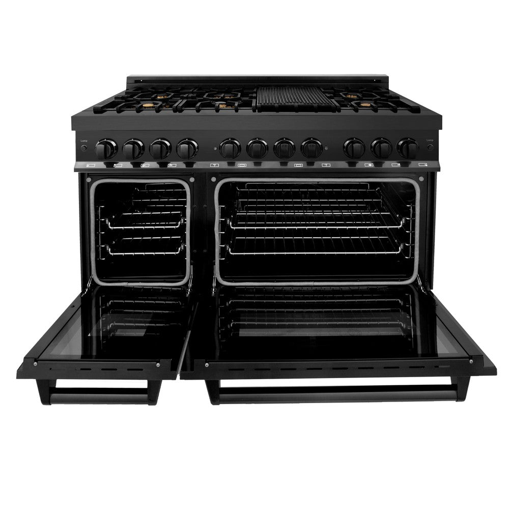 ZLINE 48 in. Kitchen Package with Black Stainless Steel Dual Fuel Range, Convertible Vent Range Hood and Microwave Drawer (3KP-RABRH48-MW)