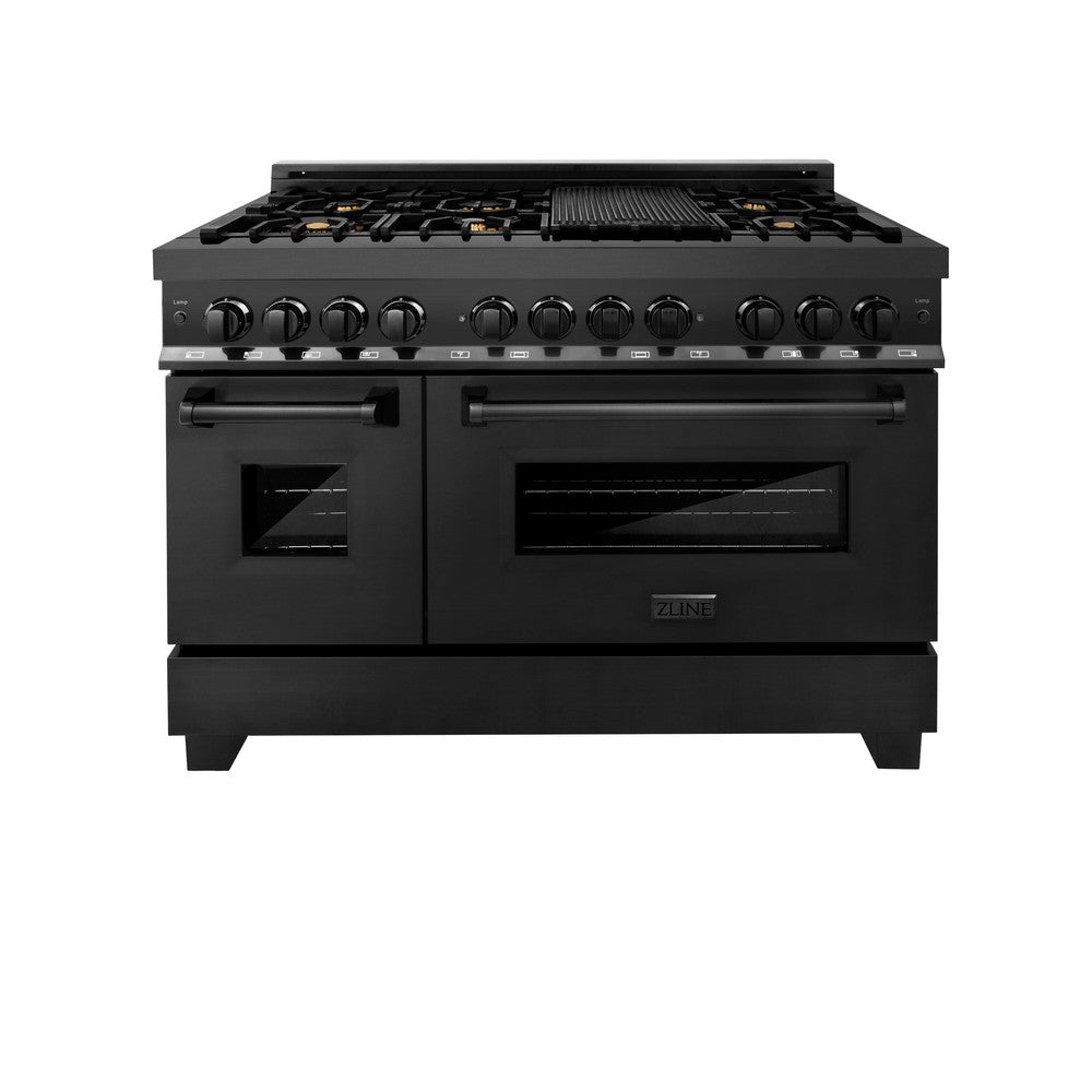 ZLINE 48 in. Kitchen Package with Black Stainless Steel Dual Fuel Range, Convertible Vent Range Hood and Microwave Drawer (3KP-RABRH48-MW)
