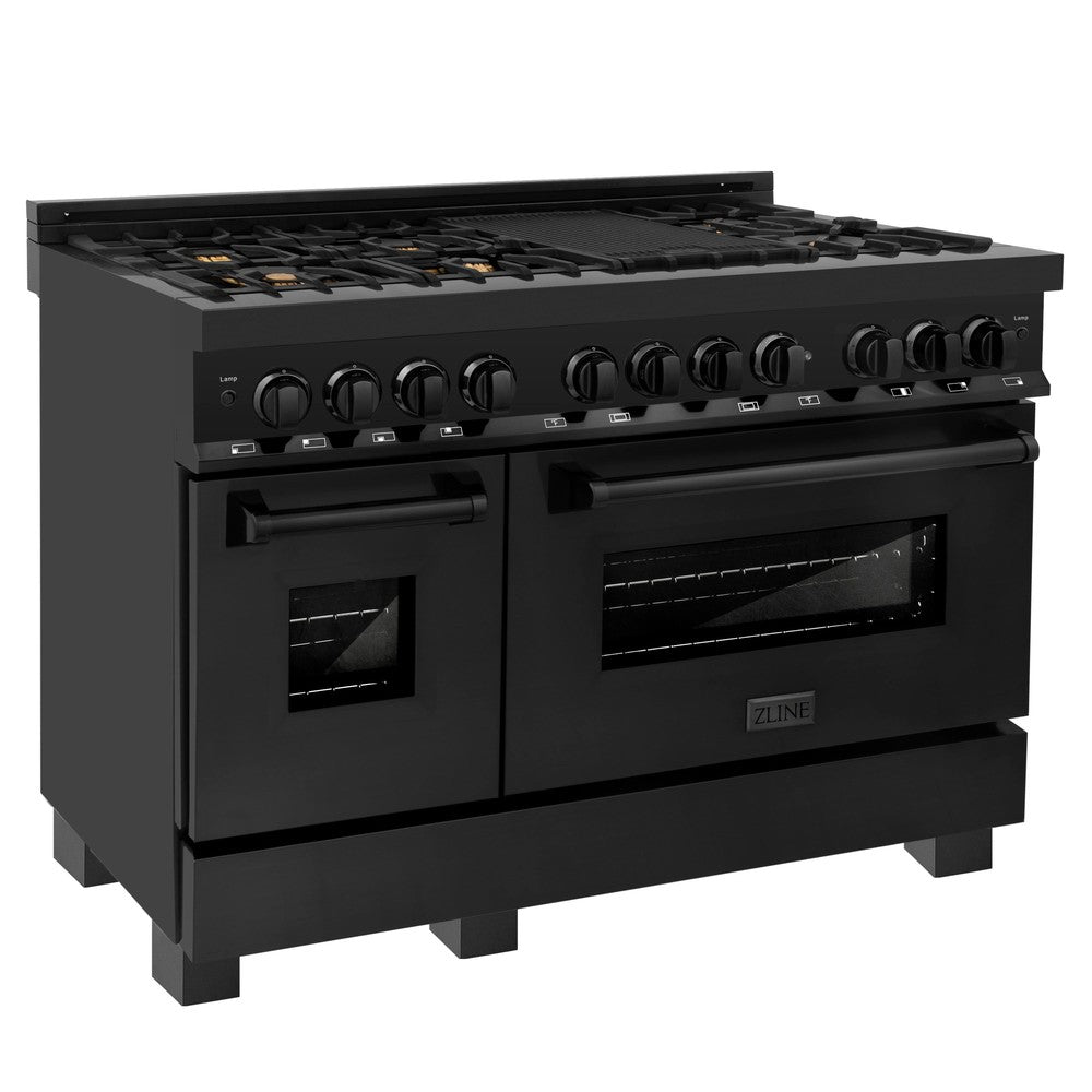 ZLINE 48 in. Kitchen Package with Black Stainless Steel Dual Fuel Range, Convertible Vent Range Hood and Microwave Drawer (3KP-RABRH48-MW)