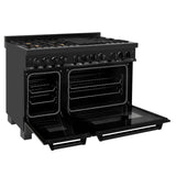 ZLINE Kitchen Package with Black Stainless Steel Refrigeration, 48 in. Dual Fuel Range, 48 in. Range Hood, Microwave Drawer, and 24 in. Tall Tub Dishwasher (5KPR-RABRH48-MWDWV)