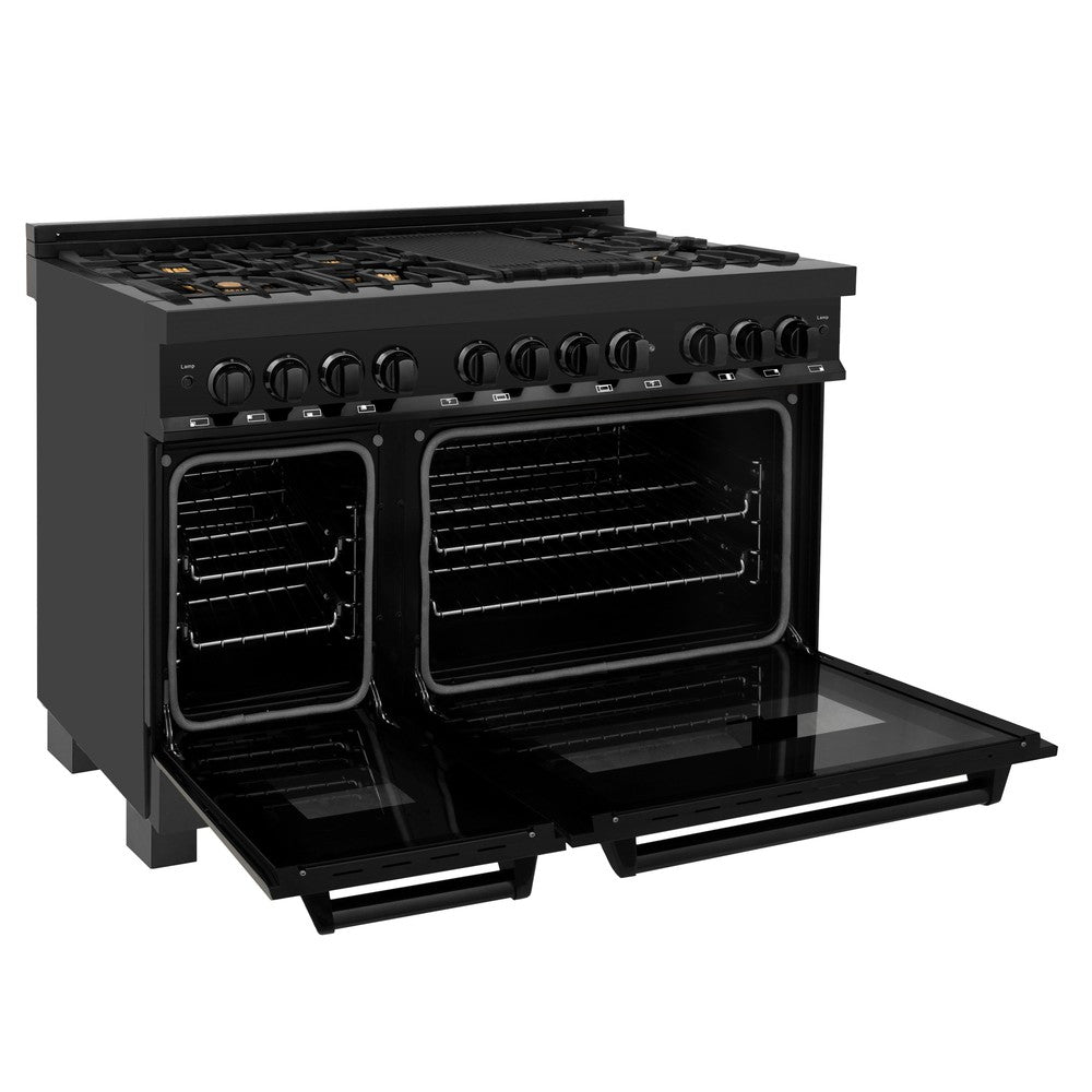 ZLINE 48 in. Kitchen Package with Black Stainless Steel Dual Fuel Range, Convertible Vent Range Hood and Microwave Drawer (3KP-RABRH48-MW)
