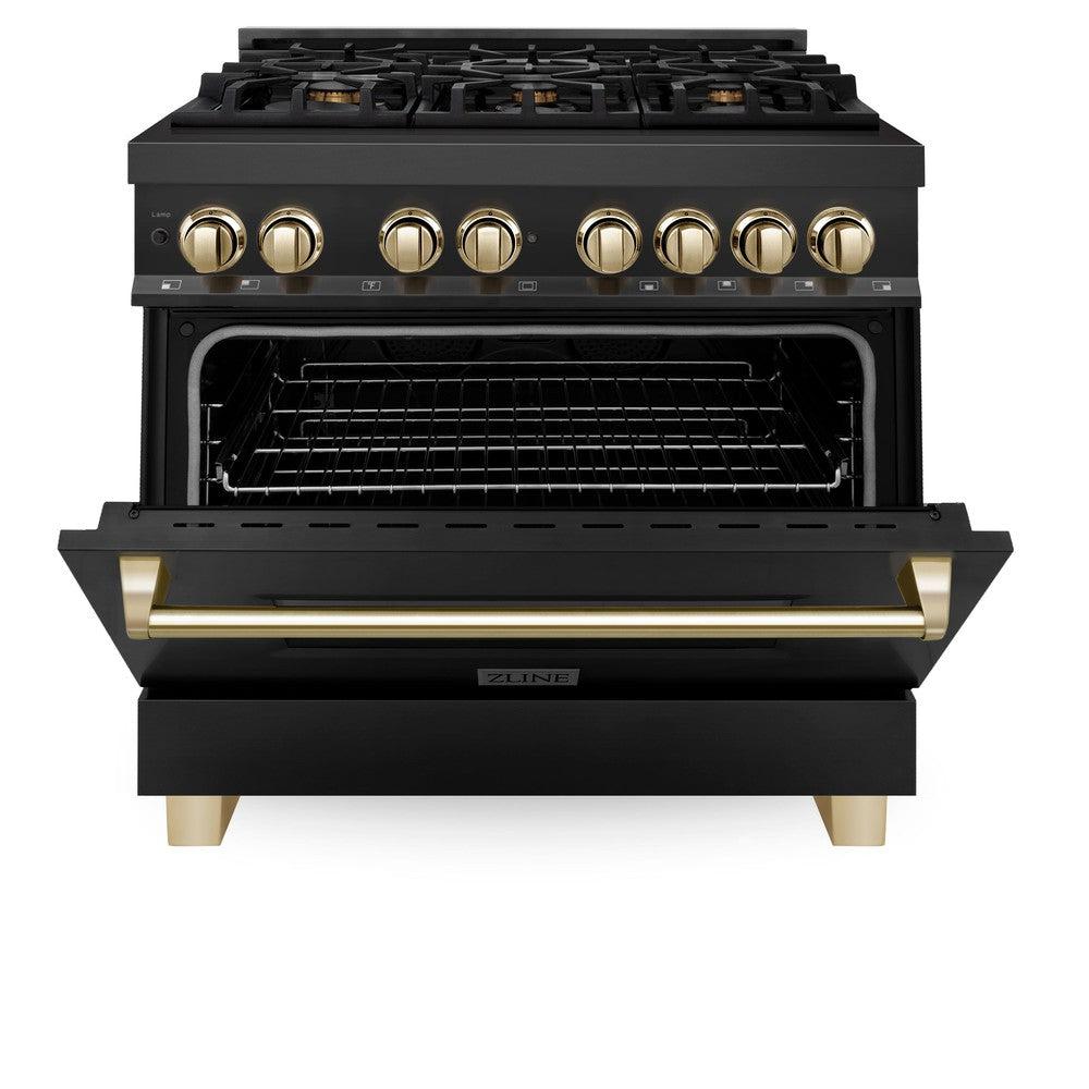 ZLINE Autograph Edition 36 in. 4.6 cu. ft. Legacy Dual Fuel Range with 6 Burner Gas Cooktop and Electric Convection Oven in Black Stainless Steel and Polished Gold Accents (RABZ-36-G)
