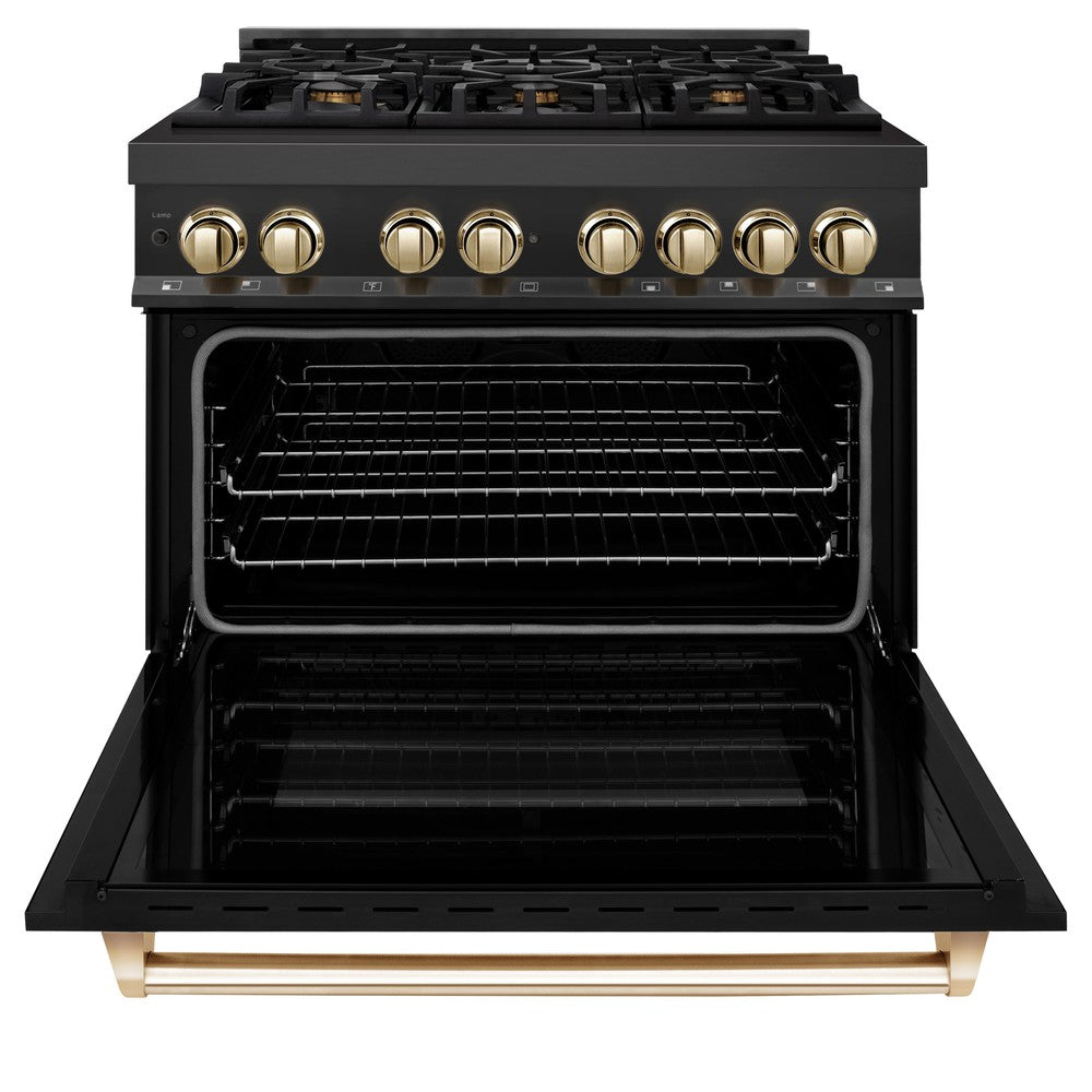 ZLINE Autograph Edition 36 in. 4.6 cu. ft. Legacy Dual Fuel Range with 6 Burner Gas Cooktop and Electric Convection Oven in Black Stainless Steel and Polished Gold Accents (RABZ-36-G)