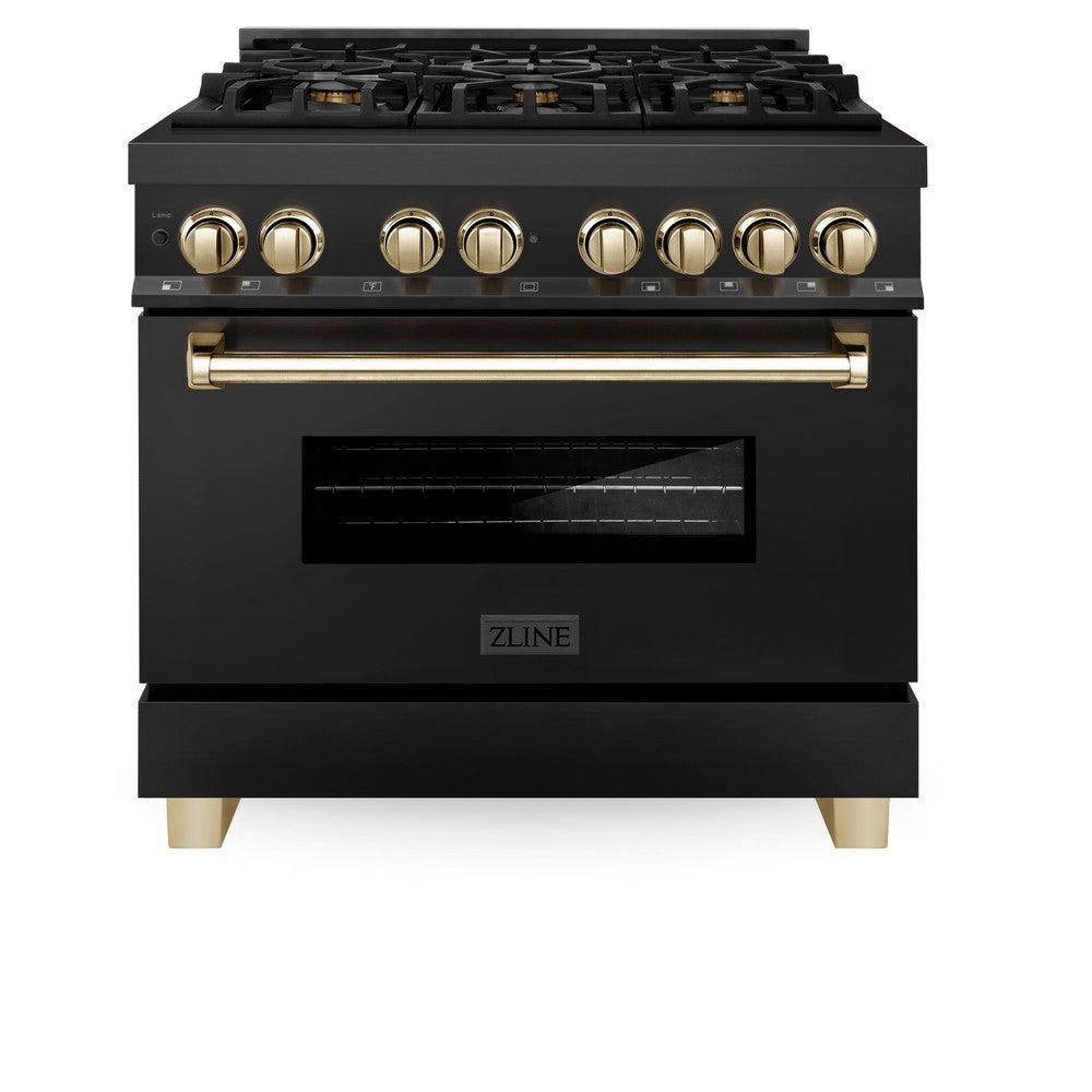 ZLINE Autograph Edition 36 in. 4.6 cu. ft. Legacy Dual Fuel Range with 6 Burner Gas Cooktop and Electric Convection Oven in Black Stainless Steel and Polished Gold Accents (RABZ-36-G)
