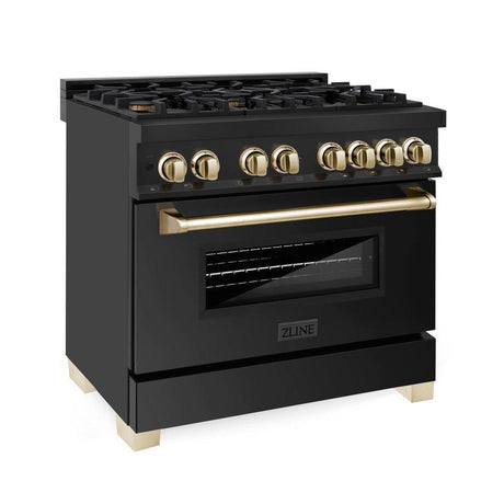 ZLINE Autograph Edition 36 in. 4.6 cu. ft. Dual Fuel Range with Gas Stove and Electric Oven in Black Stainless Steel with Polished Gold Accents (RABZ-36-G)-Ranges-RABZ-36-G ZLINE Kitchen and Bath