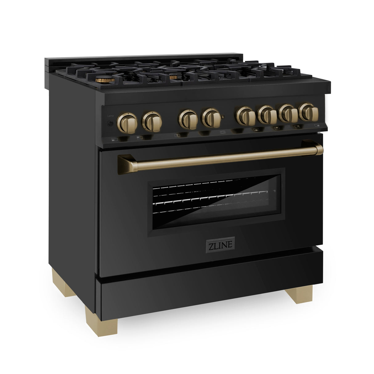 ZLINE Autograph Edition 36 in. Kitchen Package with Black Stainless Steel Dual Fuel Range, Range Hood and Dishwasher with Polished Gold Accents (3AKP-RABRHDWV36-G)
