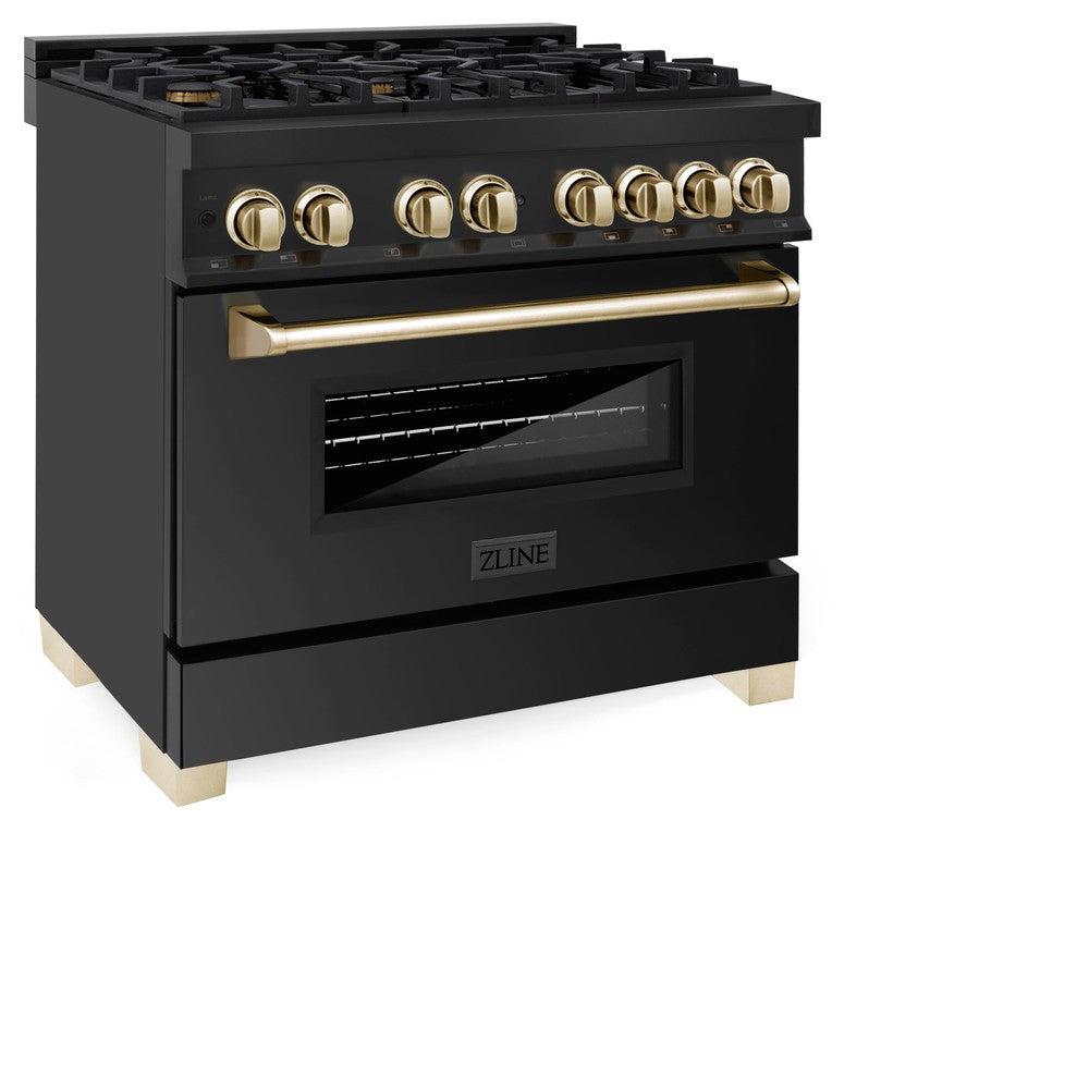 ZLINE Autograph Edition 36 in. 4.6 cu. ft. Legacy Dual Fuel Range with 6 Burner Gas Cooktop and Electric Convection Oven in Black Stainless Steel and Polished Gold Accents (RABZ-36-G)