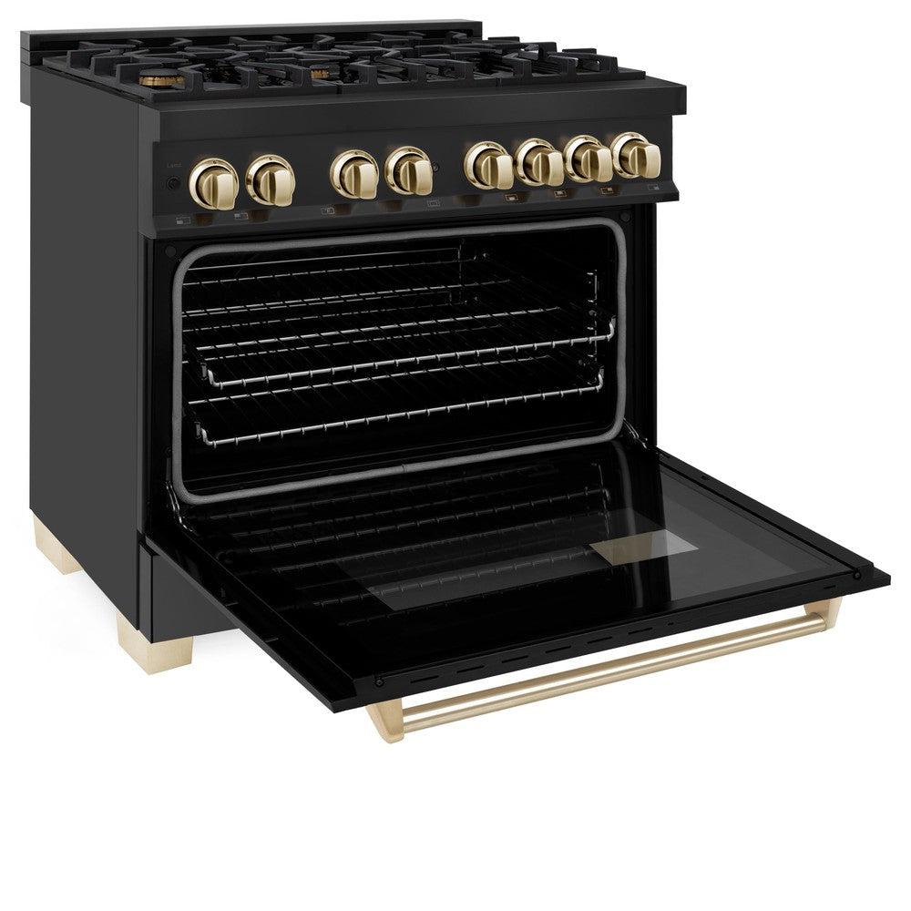 ZLINE Autograph Edition 36 in. 4.6 cu. ft. Legacy Dual Fuel Range with 6 Burner Gas Cooktop and Electric Convection Oven in Black Stainless Steel and Polished Gold Accents (RABZ-36-G)