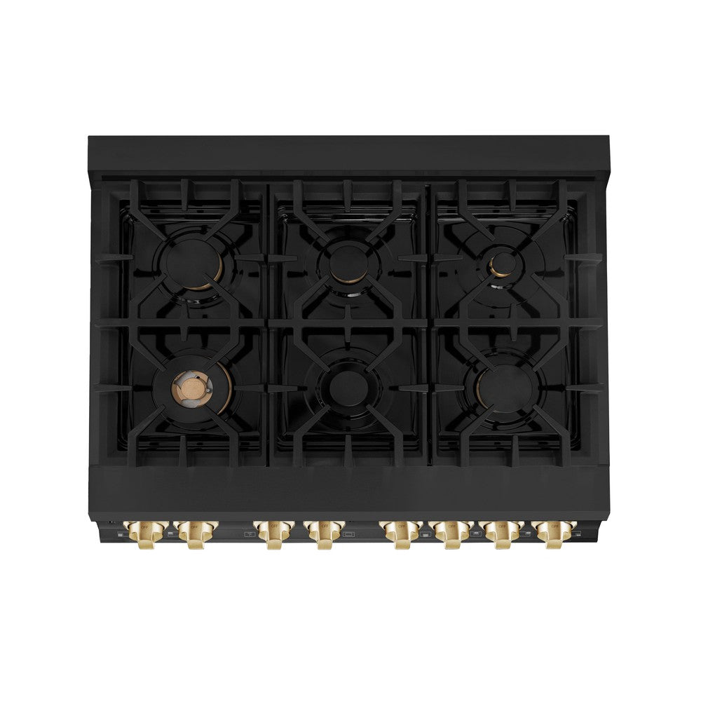 ZLINE Autograph Edition 36 in. 4.6 cu. ft. Legacy Dual Fuel Range with 6 Burner Gas Cooktop and Electric Convection Oven in Black Stainless Steel and Polished Gold Accents (RABZ-36-G)