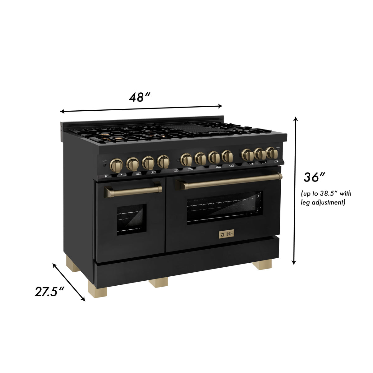 ZLINE Autograph Edition 48 in. Kitchen Package with Black Stainless Steel Dual Fuel Range, Range Hood and Dishwasher with Champagne Bronze Accents (3AKP-RABRHDWV48-CB)