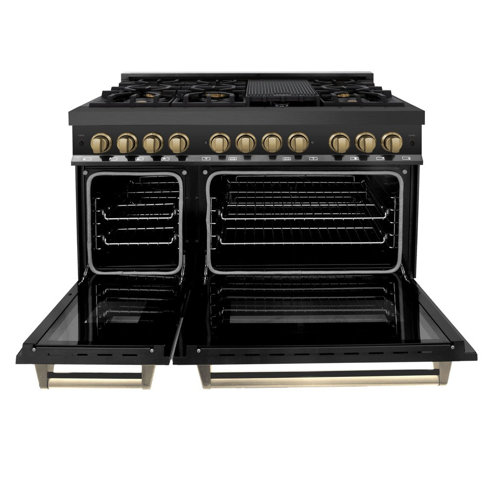 ZLINE Autograph Edition 48 in. Kitchen Package with Black Stainless Steel Dual Fuel Range and Range Hood with Champagne Bronze Accents (2AKP-RABRH48-CB)