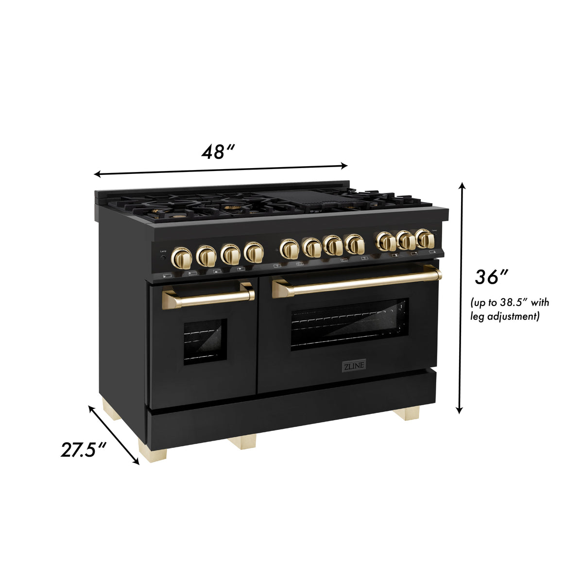 ZLINE Autograph Edition 48 in. Kitchen Package with Black Stainless Steel Dual Fuel Range, Range Hood and Dishwasher with Polished Gold Accents (3AKP-RABRHDWV48-G)