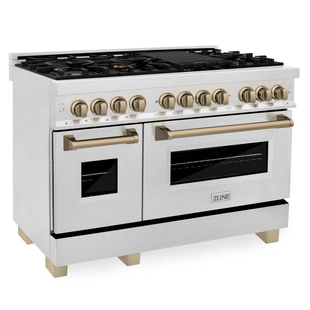 ZLINE Autograph Edition 48 in. 6.0 cu. ft. Dual Fuel Range with Gas Stove and Electric Oven in DuraSnow® Stainless Steel with Champagne Bronze Accents (RASZ-SN-48-CB)