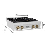 ZLINE Autograph Edition 30 in. Porcelain Rangetop with 4 Gas Burners in DuraSnow® Stainless Steel with Champagne Bronze Accents (RTSZ-30-CB)