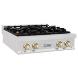 ZLINE Autograph Edition 30 in. Porcelain Rangetop with 4 Gas Burners in DuraSnow Stainless Steel with Polished Gold Accents (RTSZ-30-G)