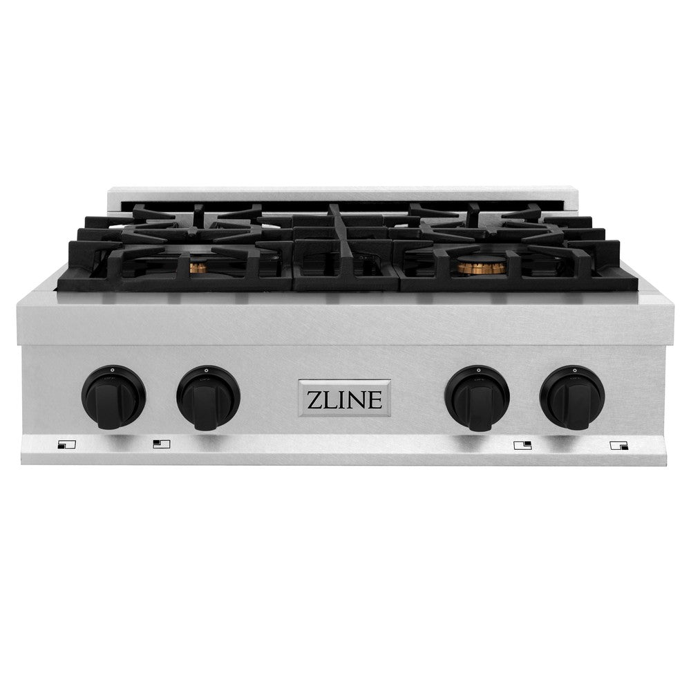 ZLINE Autograph Edition 30 in. Porcelain Rangetop with 4 Gas Burners in DuraSnow® Stainless Steel with Matte Black Accents (RTSZ-30-MB)