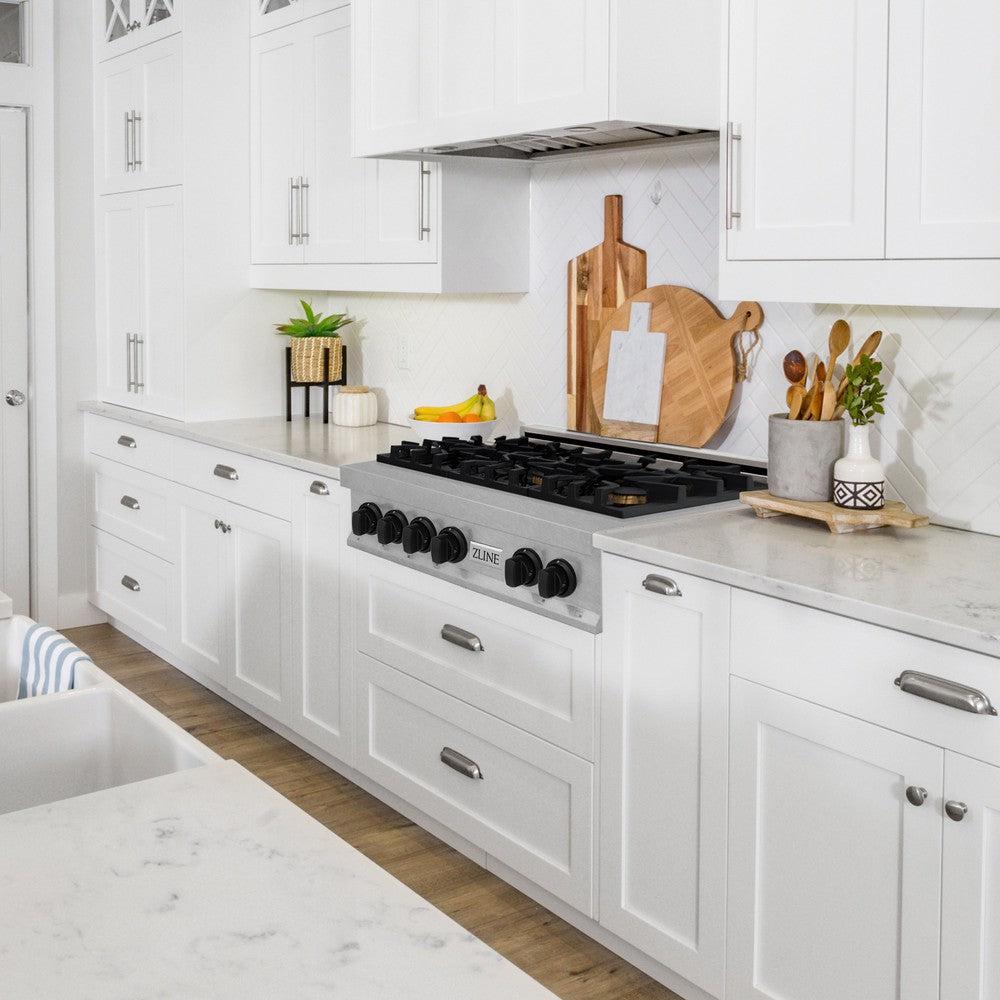 ZLINE Autograph Edition 36 in. Porcelain Rangetop with 6 Gas Burners in DuraSnow® Stainless Steel with Matte Black Accents (RTSZ-36-MB)