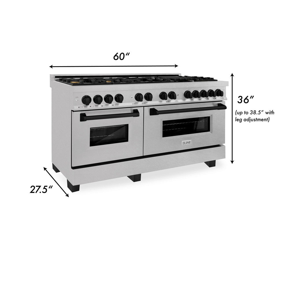 ZLINE Autograph Edition 60 in. 7.4 cu. ft. Legacy Dual Fuel Range with 9 Burner Gas Cooktop and 2 Electric Convection Ovens in DuraSnow® Stainless Steel and Matte Black Accents (RASZ-SN-60-MB)