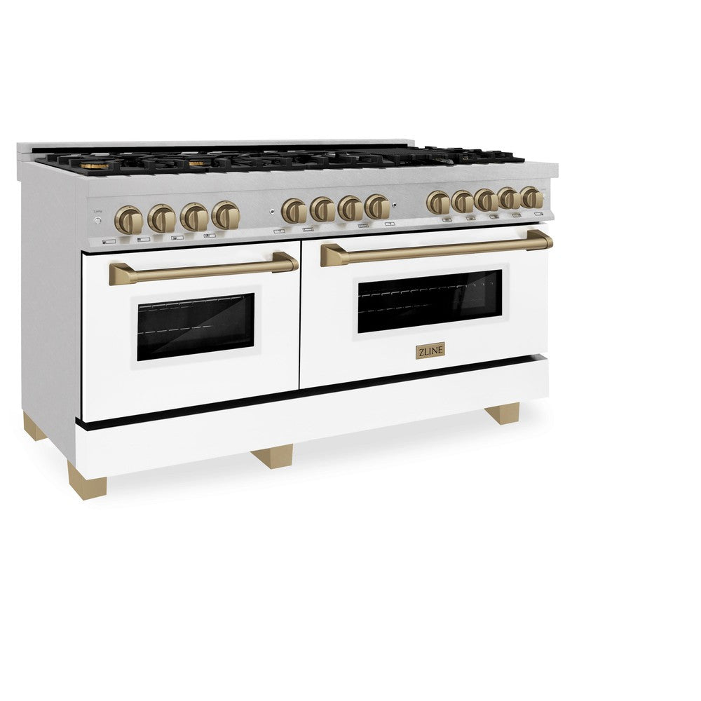 ZLINE Autograph Edition 60 in. 7.4 cu. ft. Dual Fuel Range with Gas Stove and Electric Oven in DuraSnow® Stainless Steel with White Matte Doors and Champagne Bronze Accents (RASZ-WM-60-CB)