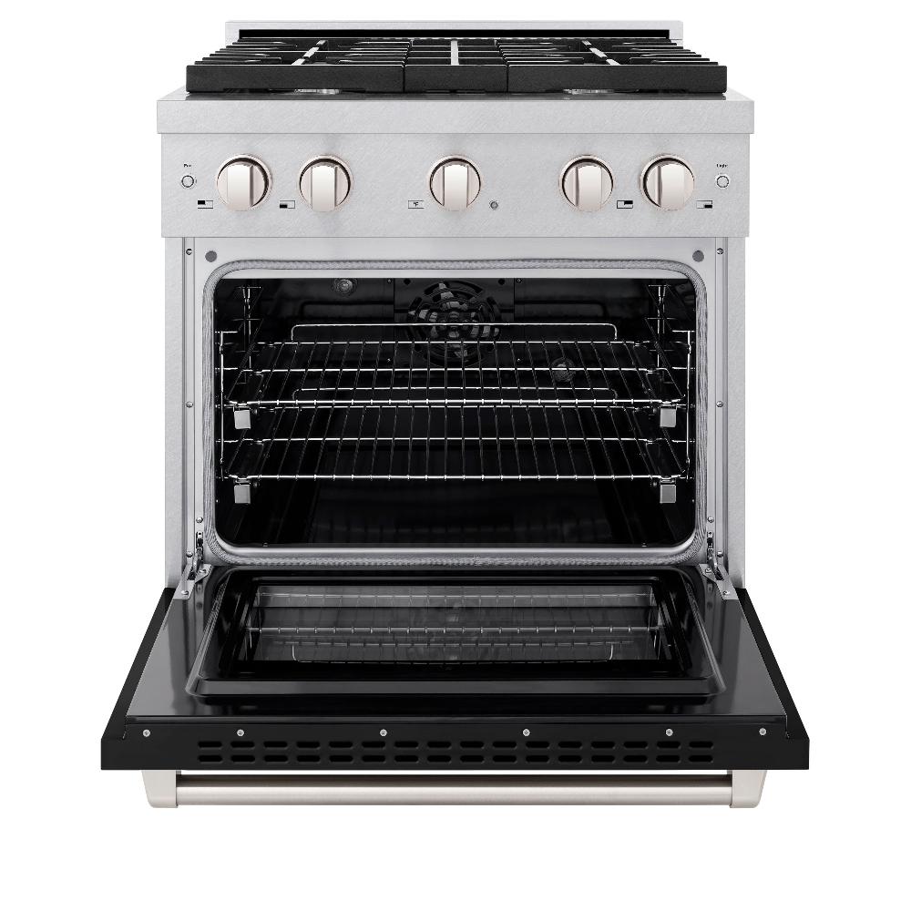 ZLINE 30 in. 4.2 cu. ft. Paramount Dual Fuel Range with 4 Burner Gas Cooktop and Electric Convection Oven in DuraSnow® Stainless Steel with Black Matte Door (SDRS-BLM-30)