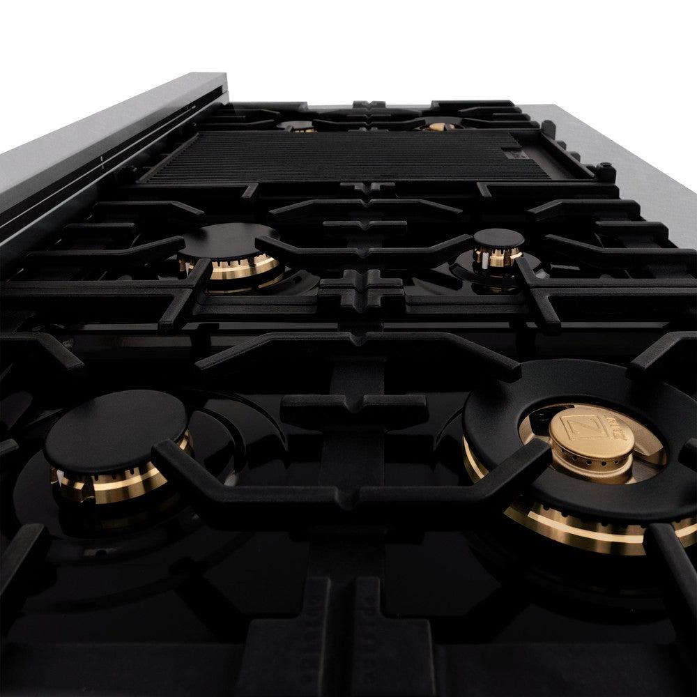 ZLINE Autograph Edition 48 in. Porcelain Rangetop with 7 Gas Burners in DuraSnow® Stainless Steel and Polished Gold Accents (RTSZ-48-G)