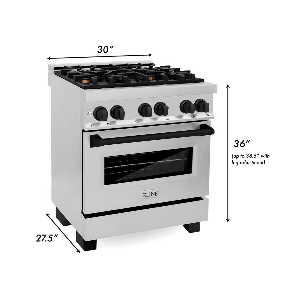 ZLINE Autograph Edition 30 in. 4.0 cu. ft. Legacy Dual Fuel Range with 4 Burner Gas Cooktop and Electric Convection Oven in Stainless Steel and Matte Black Accents (RAZ-30-MB)