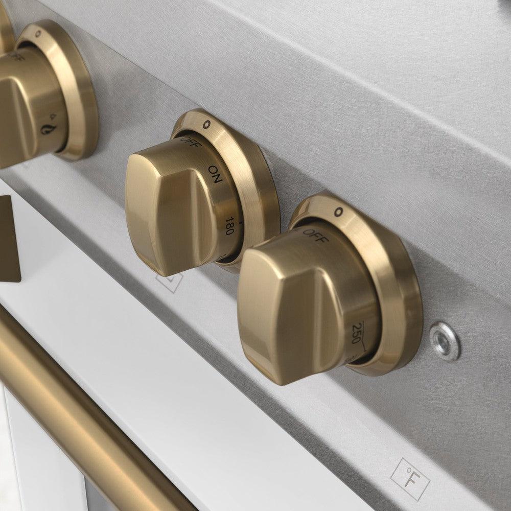 ZLINE Autograph Edition 36 in. 4.6 cu. ft. Legacy Dual Fuel Range with 6 Burner Gas Cooktop and Electric Convection Oven in DuraSnow® Stainless Steel with White Matte Door and Champagne Bronze Accents (RASZ-WM-36-CB)