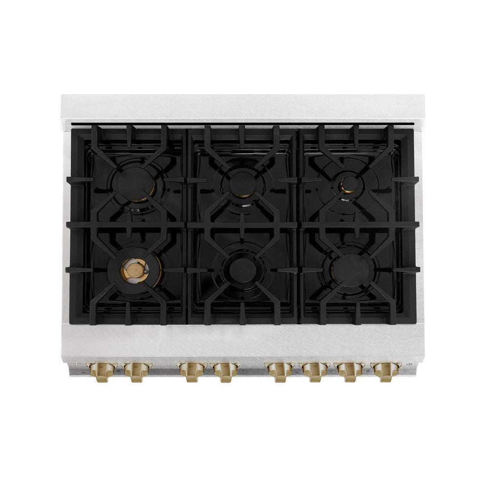 ZLINE Autograph Edition 36 in. 4.6 cu. ft. Legacy Dual Fuel Range with 6 Burner Gas Cooktop and Electric Convection Oven in DuraSnow® Stainless Steel with White Matte Door and Champagne Bronze Accents (RASZ-WM-36-CB)